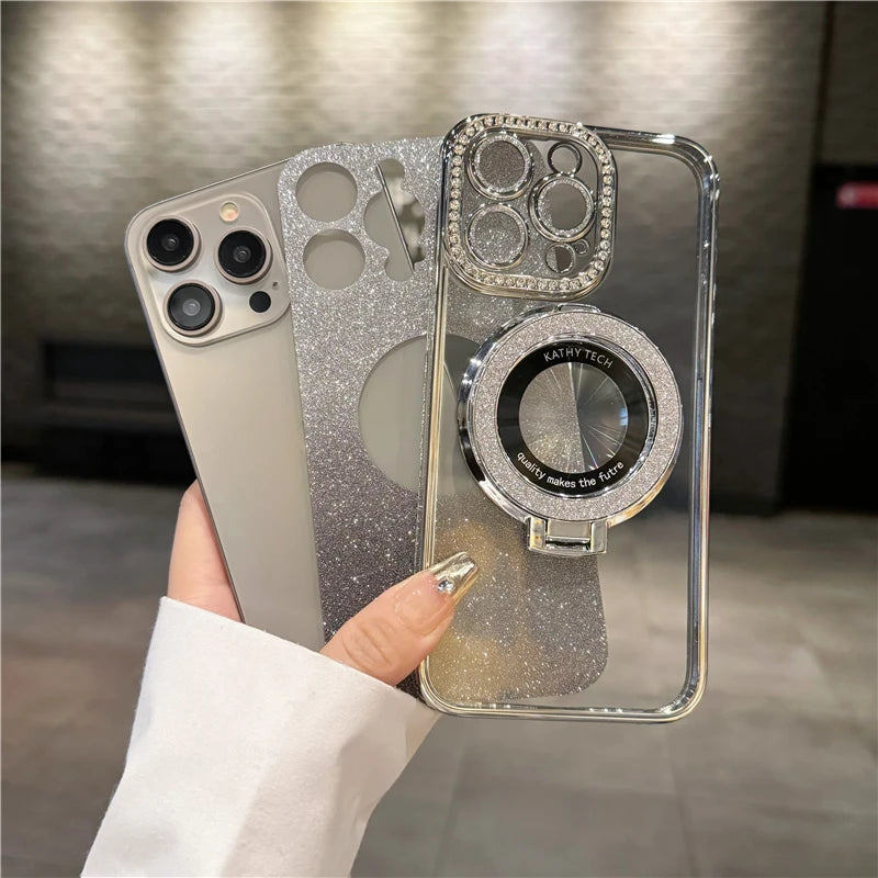 Plating Flash Glitter Magnetic Holder Phone Case For iPhone 11 12 13 14 Pro Max - Bumper Protector On 15 Plus Cover