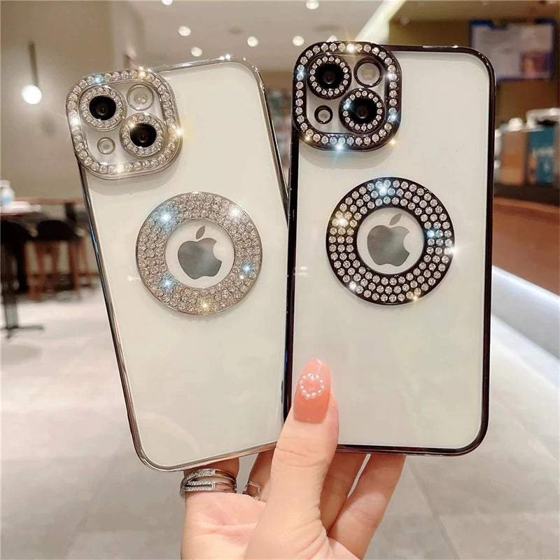 Flash Diamond Glitter Phone Case For iPhone 16 Pro Max 15 14 13 12 11 Plus Hollow Out Rhinestone Silicone Cover